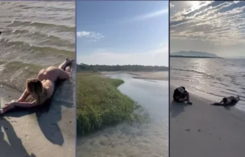 Sabrina De Martini novinha mostrando tudo na praia durante um ensaio