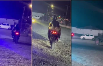 Sofia Leon pilotando uma moto enquanto grava tudo